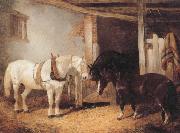 John Frederick Herring Three Horses in A stable,Feeding From a Manger oil on canvas